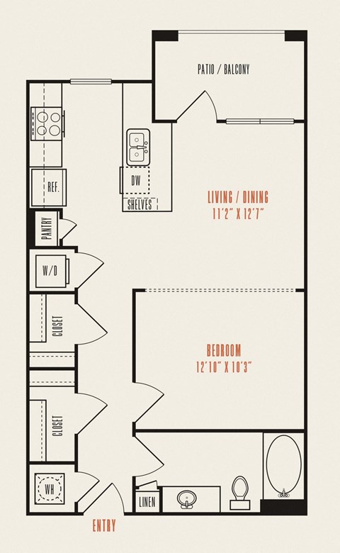Floor plan for 1 bed, 1 bath, 675 sqft